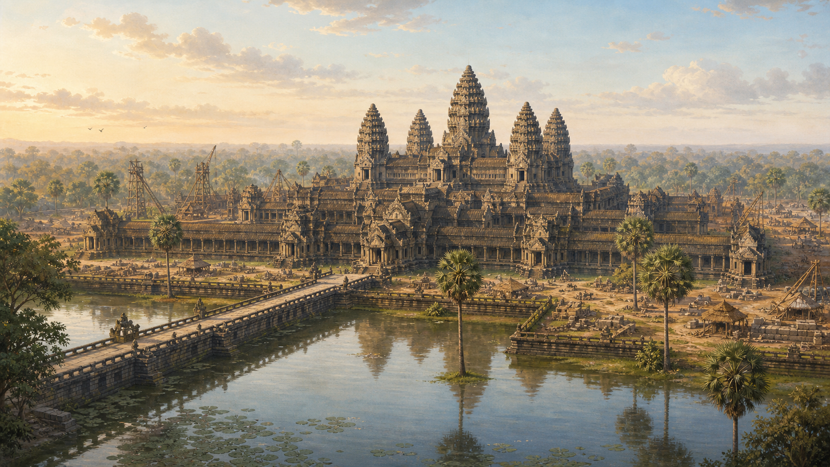 Editorial reconstruction of Angkor Wat with its towers, galleries, moat, and construction activity