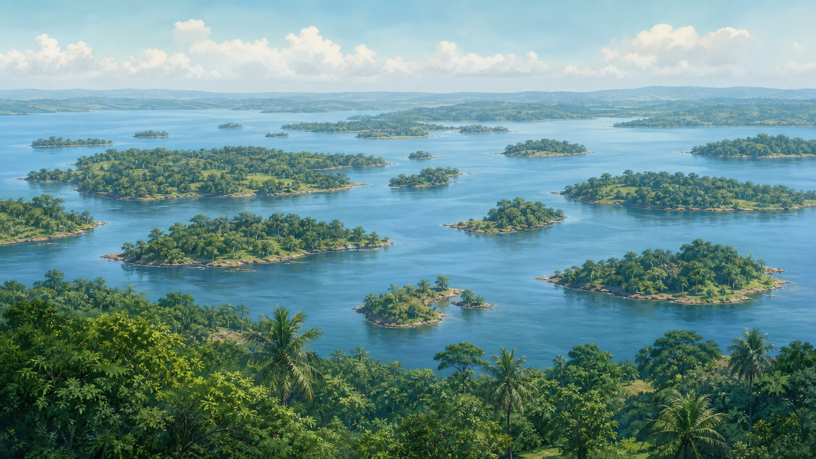 Editorial geography illustration of the forested Ssese Islands scattered across Lake Victoria