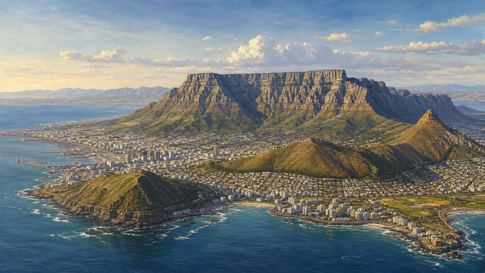 Editorial geography illustration of Table Mountain above Cape Town and the Atlantic coast